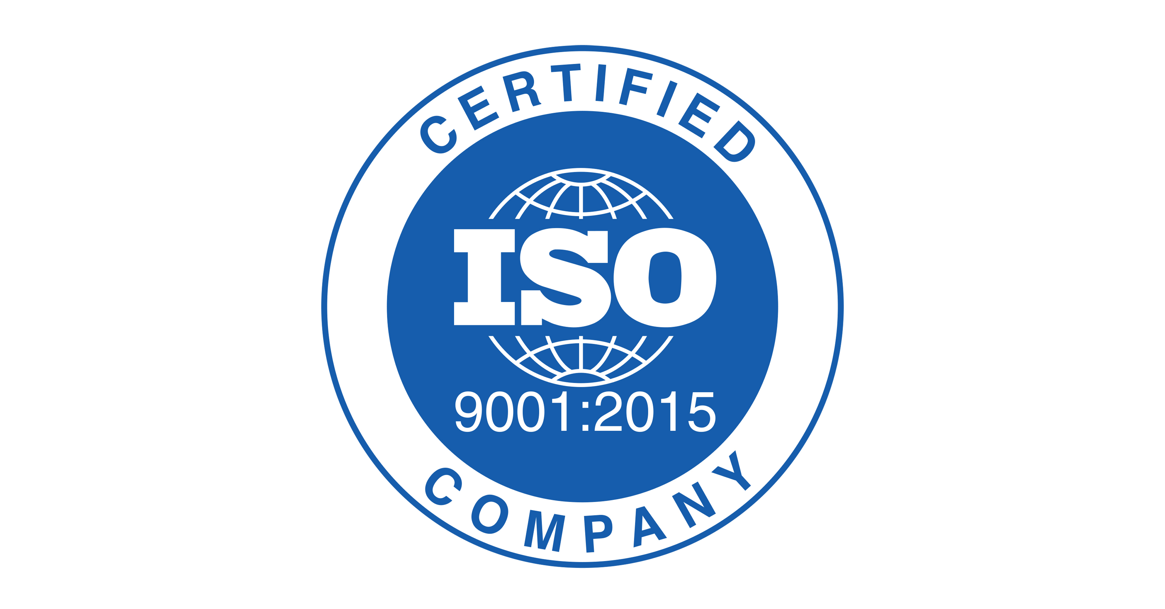  A blue and white circular ISO 9001:2015 certified company logo with a globe in the middle.